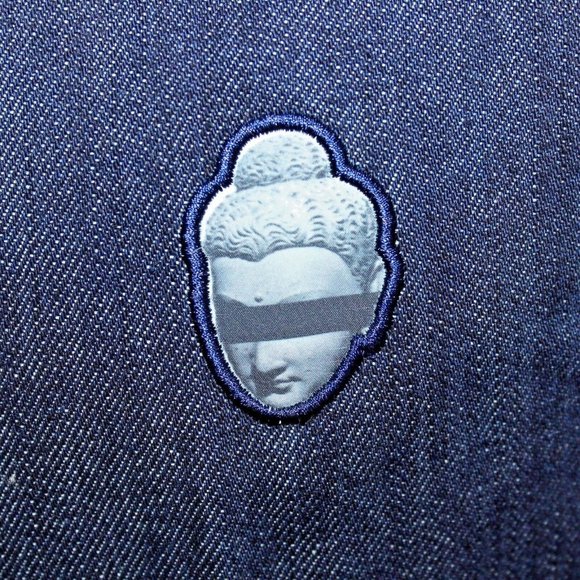 Streetwear Denim Blue Jean Large Hip Hop Embroidered Buddha Jacket Urban FMACM - Picture 6 of 11